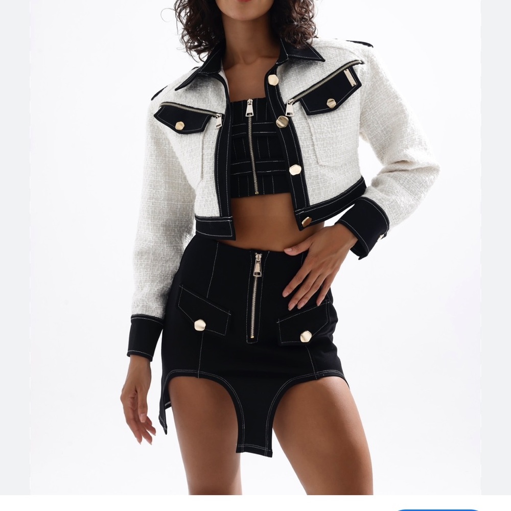 Balmain White & Black Cropped Denim Jacket